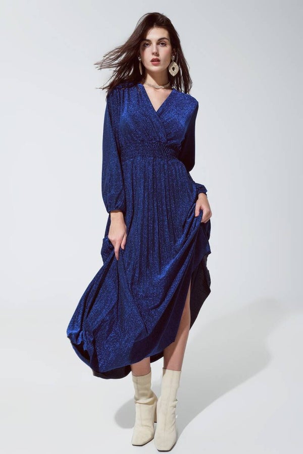 Glitterjurk met V-hals - BLAUW