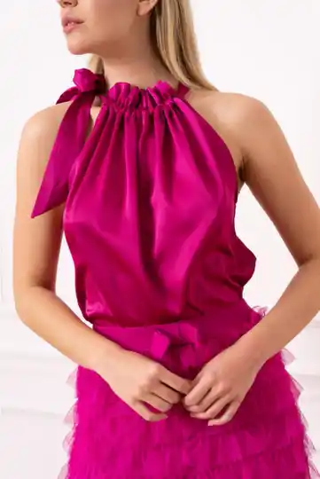Satijnene topje met strik - FUCHSIA