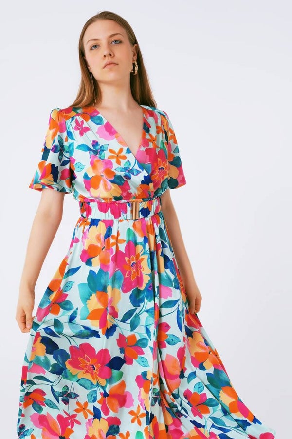 Jurk met V-hals bloemenprint MULTICOLOR