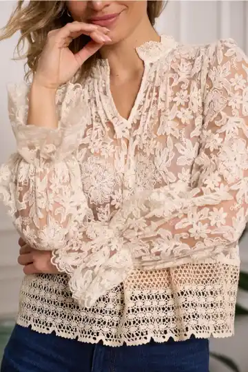 Kanten blouse lange mouw - BEIGE