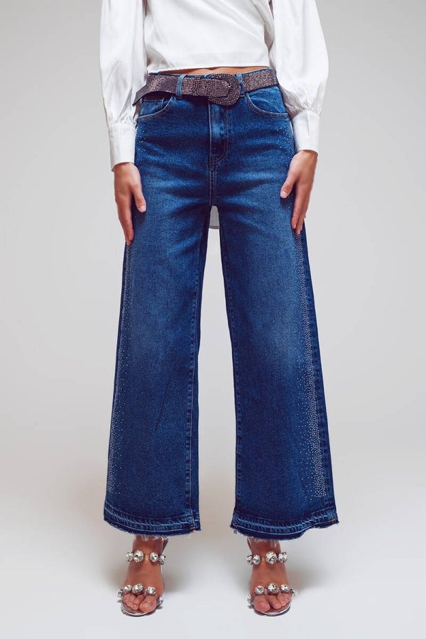 Wijde jeans met glitterdetails BLAUW