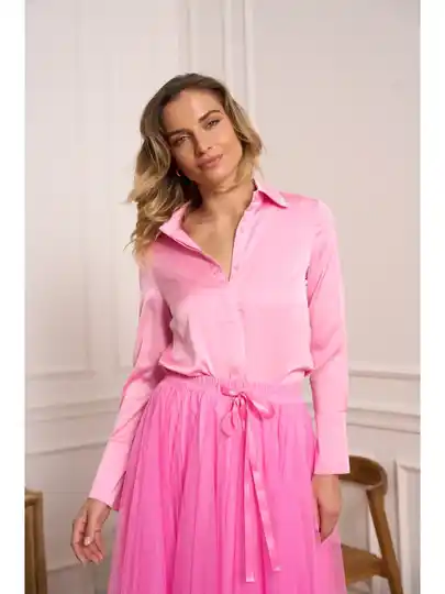 Satijnachtige blouse met lange mouwen - PASTELROSE