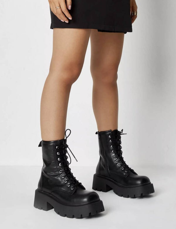 black faux leather lace up extreme chunky sole boots