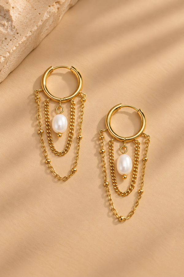 Pearl Chain Hoops goud
