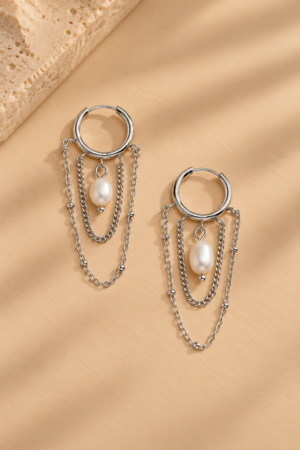 Pearl Chain Hoops zilver