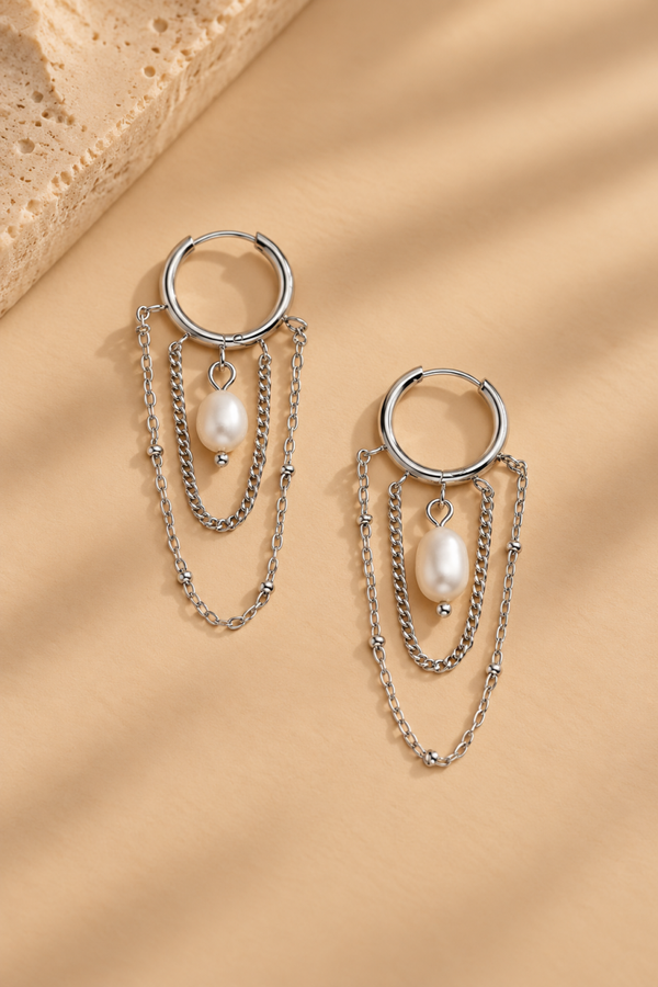 Pearl Chain Hoops zilver
