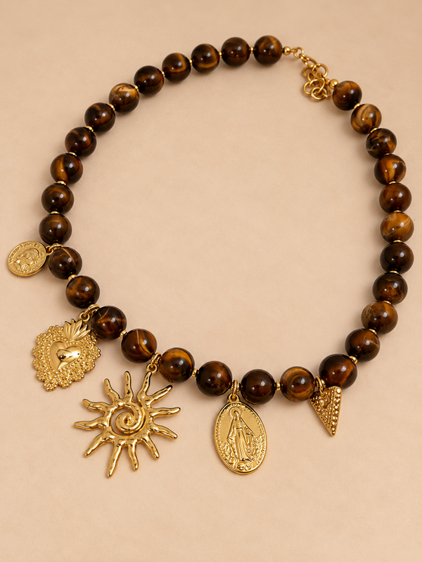Kralen ketting bruin met bedels