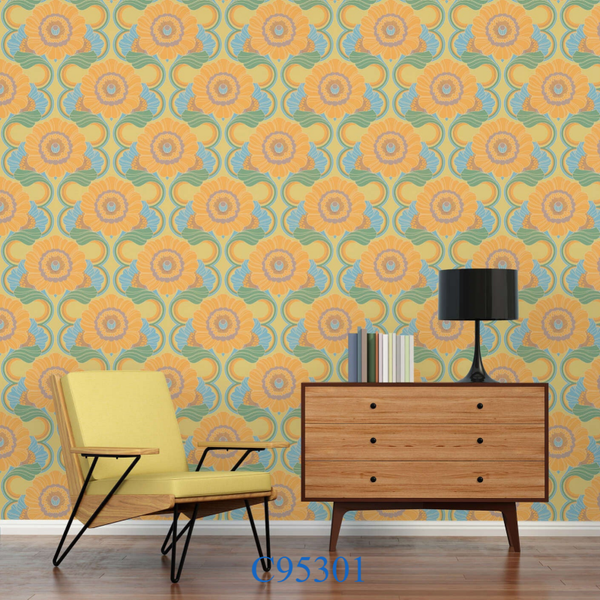 Behang patroon Retro Vibes - Zonnebloem
