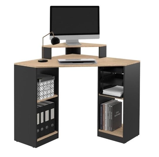 IDMarket - Bureau d'angle Harry Noir et façon hêtre Gain de Place Bureau Informatique avec rangements