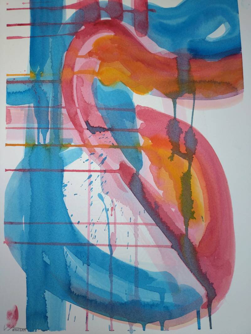 Loose watercolour heart in read and blue