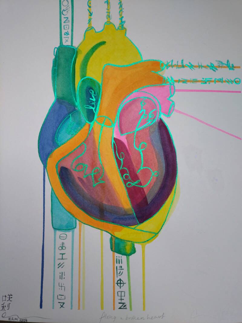 A rainbow anatomical heart with writing that reads "love"