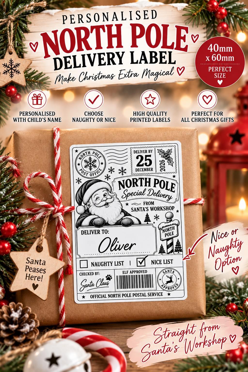 Personalised North Pole Label, 100mm x 150mm Christmas Sticker