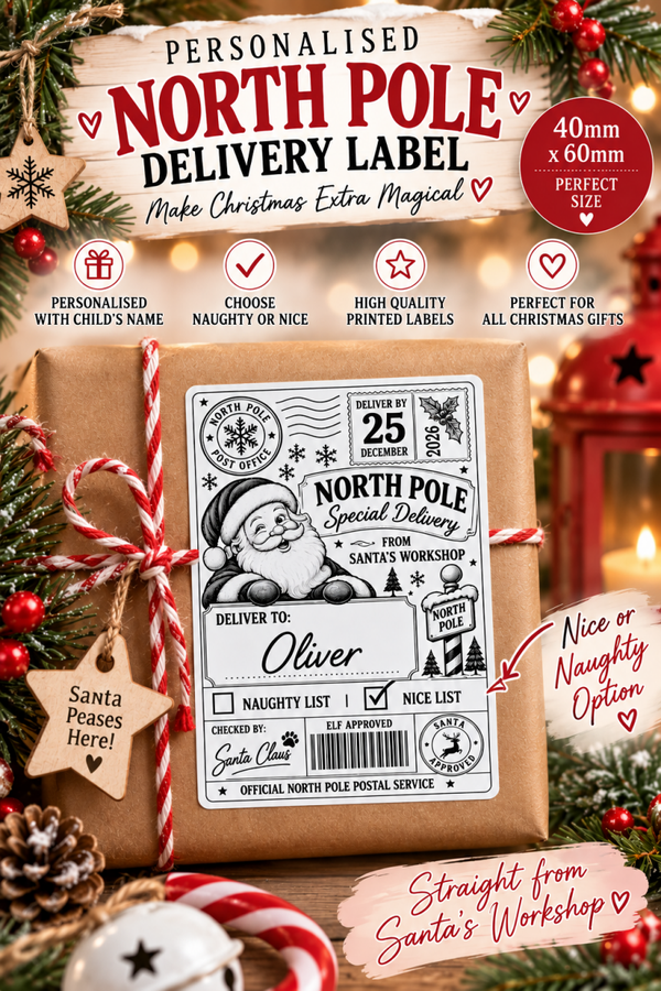 Personalised North Pole Label, 100mm x 150mm Christmas Sticker