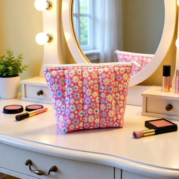 Large Handmade Makeup Bag Pink Floral Fabric | Cosmetic Pouch | Toiletry Bag