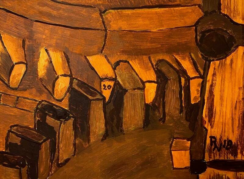 tempera afbeelding van een "bonkelaar" , de aandrijving van Molen Concordia te Ede