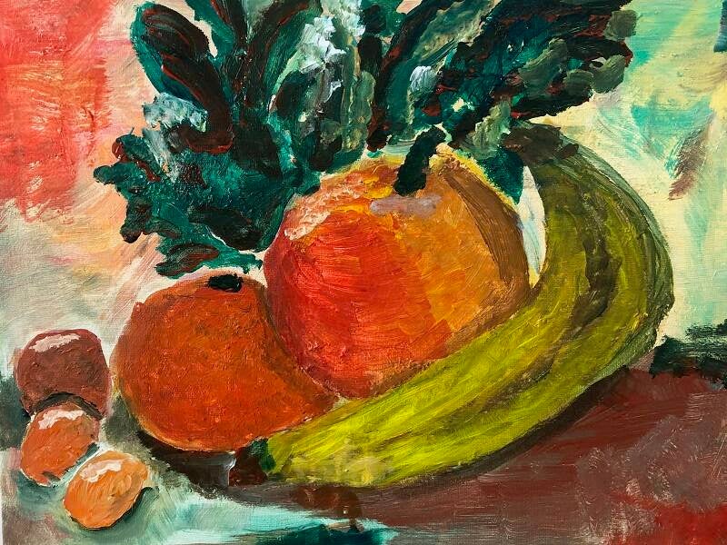 stilleven met banaan appels en groen