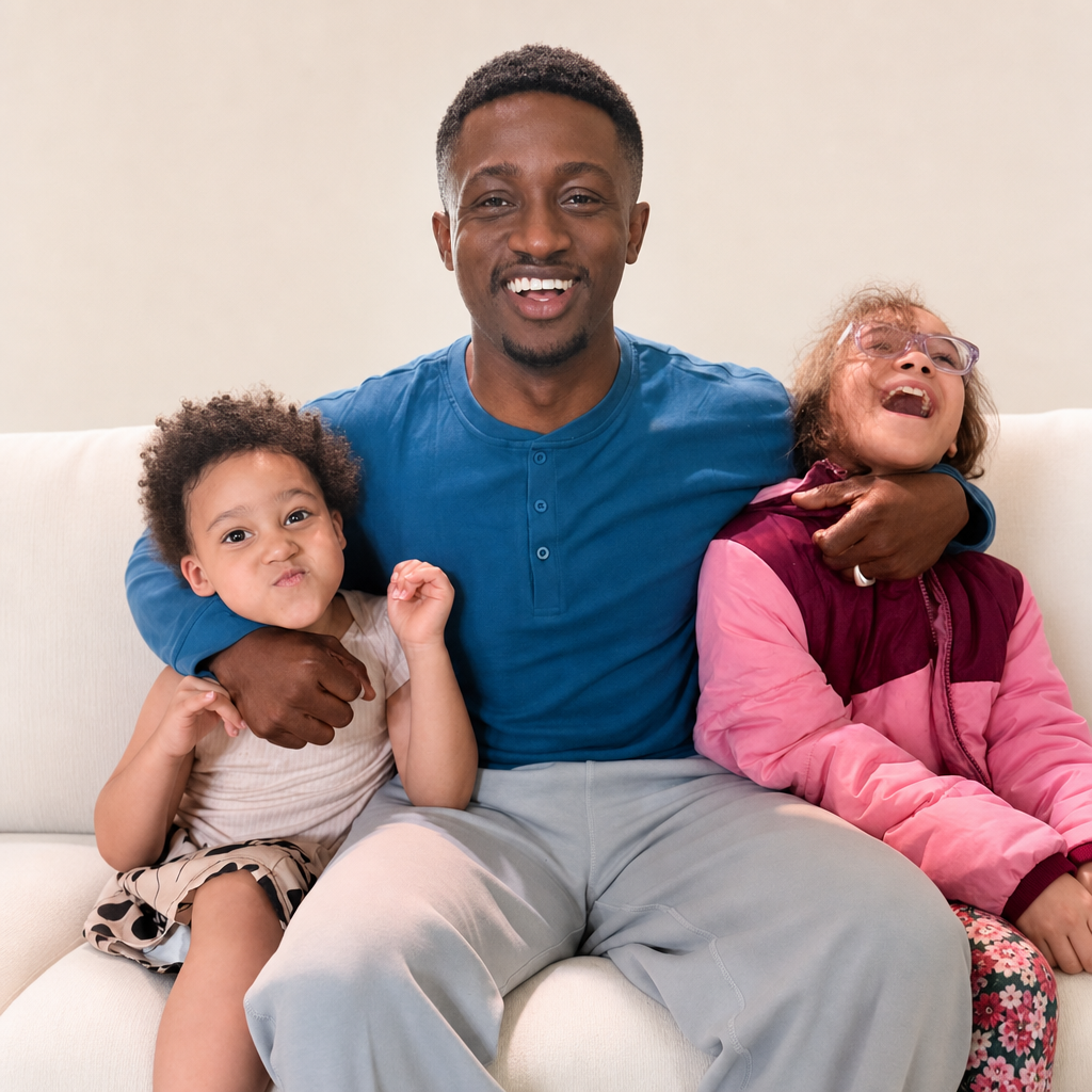Ahmed Dadzie and two daughters laughing 