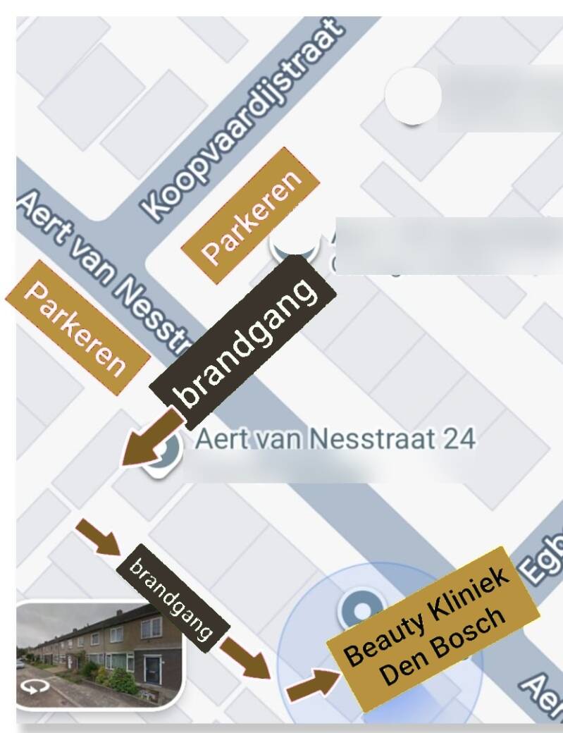 Plattegrond met routebeschrijving naar Beauty Kliniek Den Bosch via de brandgang