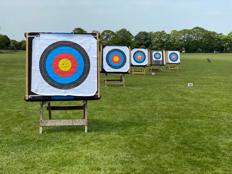 Row of archery targets set out on a shooting range