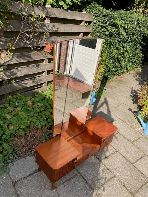 Vintage jaren 60-70 kaptafel met drieluik spiegel