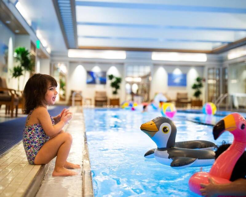 Luxury Hotel with indoor pool. Highly elegant. This 5-star waterfront hotel is located at Rowes Wharf, overlooking the Boston Harbor.