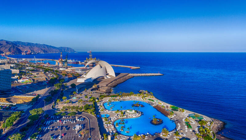 Aerial view of Santa Cruz de Tenerife skyline along the coast, Canary Islands, Spain