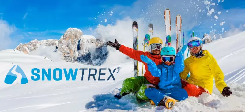 Logo Snowtrex  -Skiing family enjoying winter vacation on snow in sunny cold day in mountains and fun. San Martino di Castrozza, Italy. 