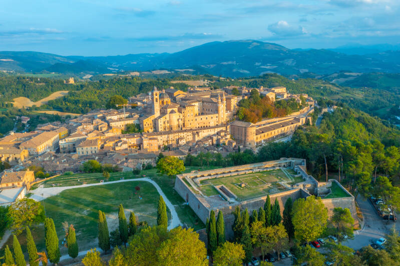 Sunset view over Italian town Urbino