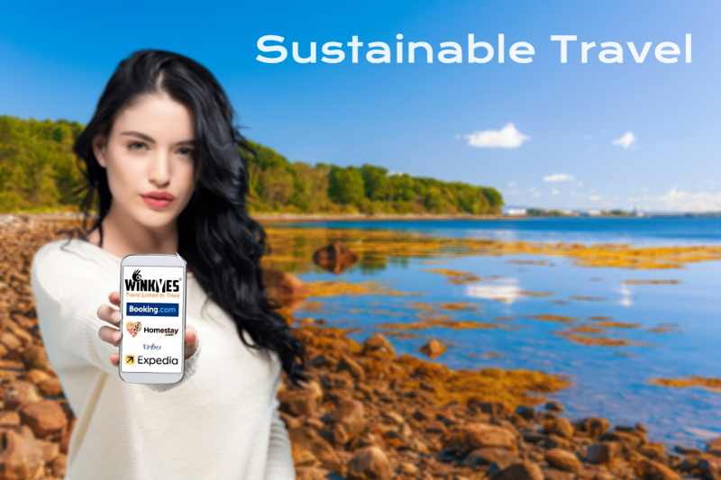 Image of a dark-haired girl showing her smartphone screen showing the WINKYES Travel Lenked to Trees webapp, which makes trips booked with Booking, Homestay, expedia and many others more sustainable by planting trees for free.