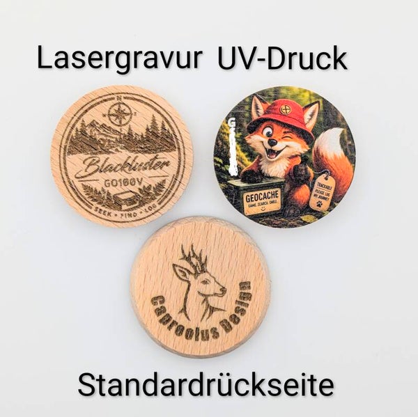 Woodcoins Lasergravur und/oder UV-Druck