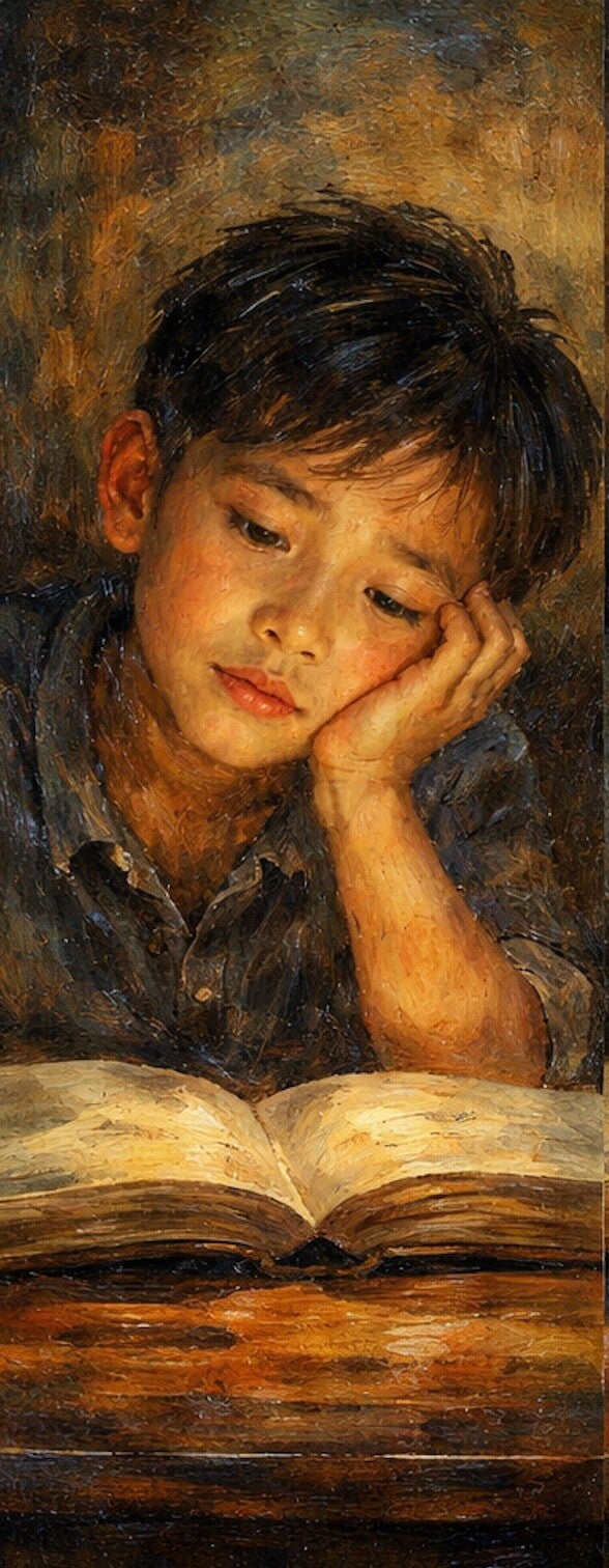 Melancholy He sits at the edge of the night, hunched slightly over a wooden book desk, his small face haloed by the soft tremble of a single candle. Shadows pool in the hollows of his eyes, and his gaze lingers on the flame as if it were a doorway to anot