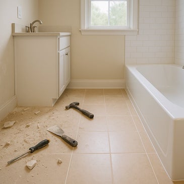 Bathroom with construction dust and debris on tile floor, Elite Clean KC post-construction cleaning service in Kansas City making new builds and remodels move-in ready.
