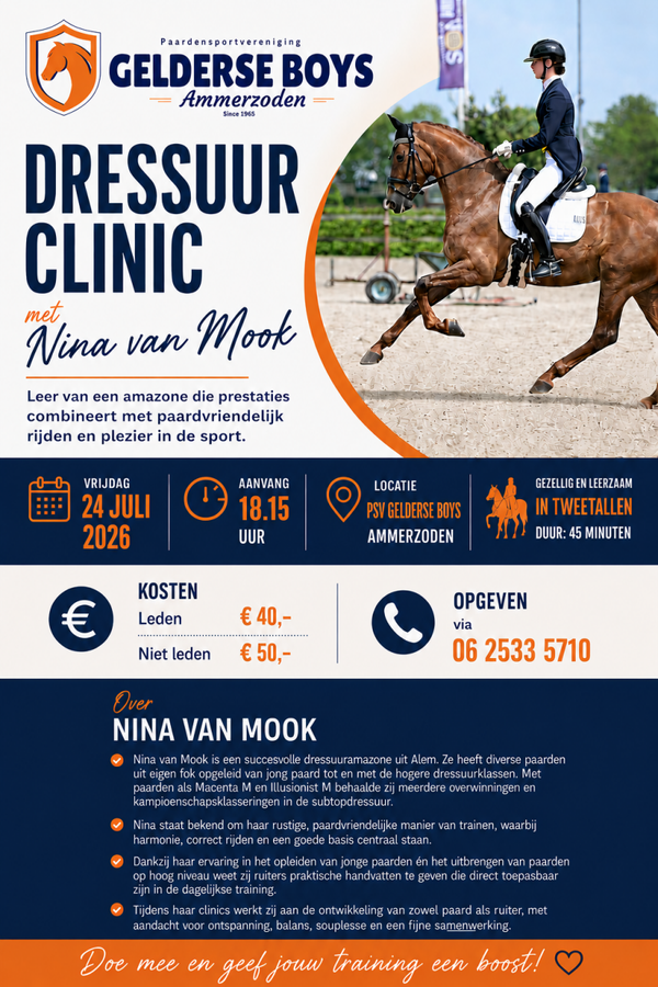 Dressuurclinic Nina van Mook - vrijdag 24 juli 2026