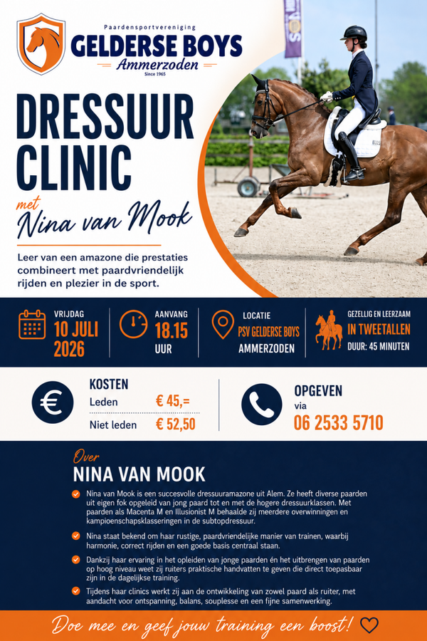 Dressuurclinic Nina van Mook - vrijdag 10 juli 2026