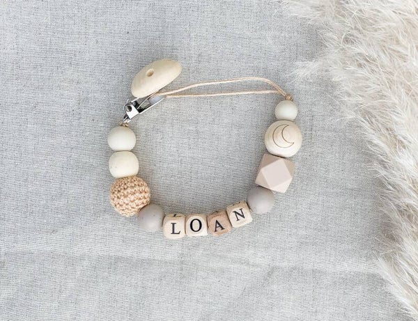 Speenkoord met naam beige/hout