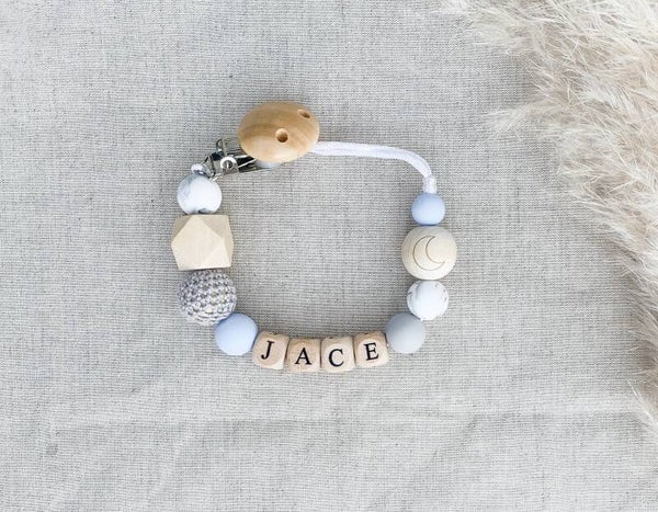 Speenkoord met naam marmer/licht blauw