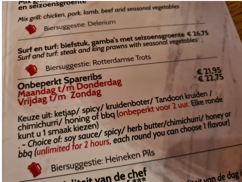 Steak & Bier | Rotterdam | Foto menukaart spareribs