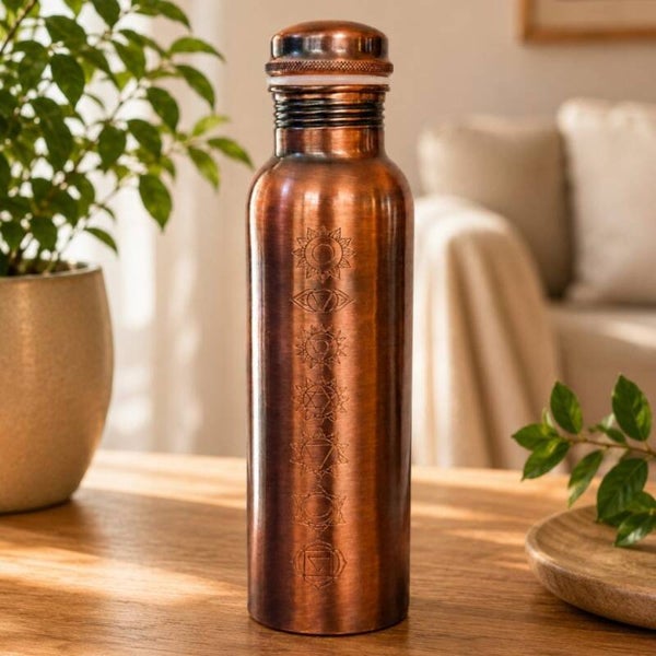 Puur koperen waterfles 7 Chakra bruin antique 1 liter/330 g