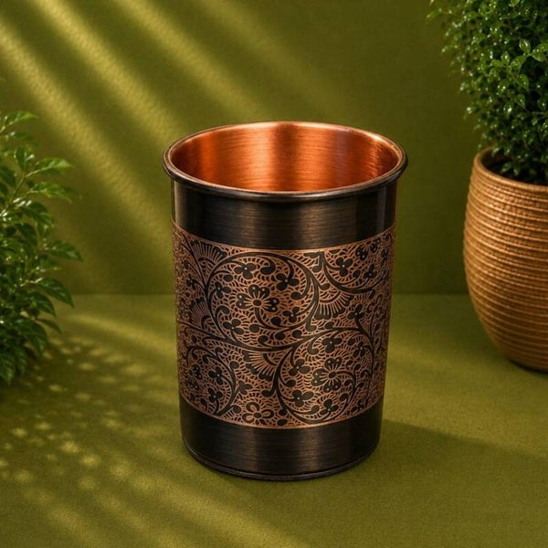 Puur koperen beker met antique finisch en geëtst sierlijk patroon– 300 ml/125 g
