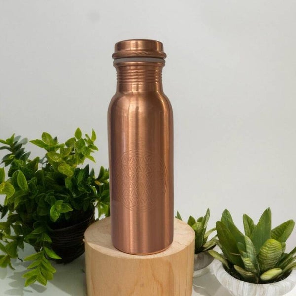Puur koperen waterfles flower of life glad ± 750 ml