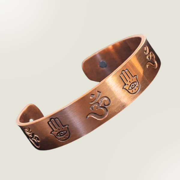 Koperen gezondheids-klemarmband met Ohm en Hamsa-hand symbolen met 2 magneten
