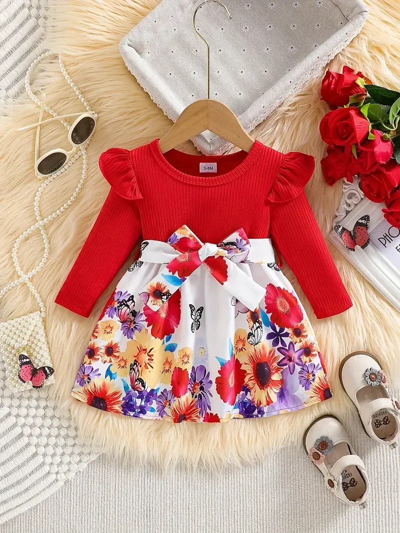 Baby's Colorful Flower Butterfly Pattern Long Sleeve Dress