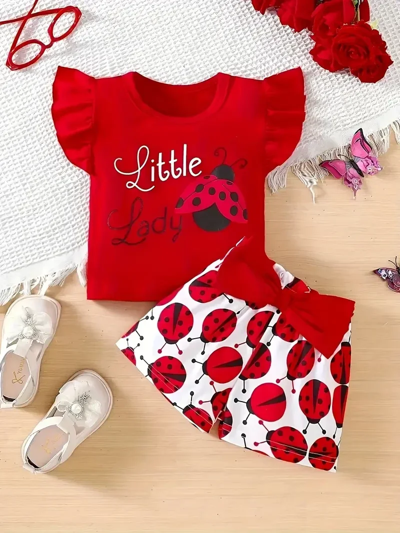 Cute Pattern T-Shirt And Bow Ladybug Pattern Shorts Set,