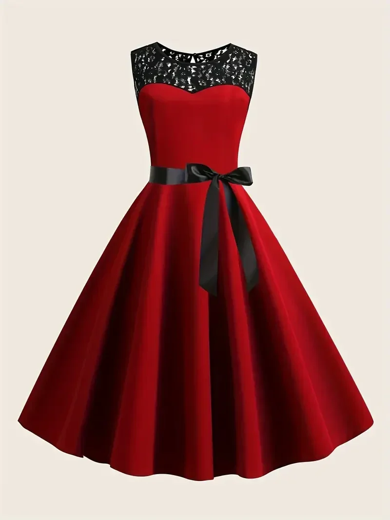 Elegant Red A-Line Dress with Black Lace Detail
