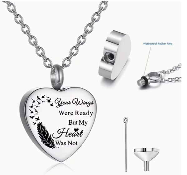 Heart Urn Necklace for Ashes - Memorial for Ashes, "Your Wings Were Ready, but My Heart Was Not"