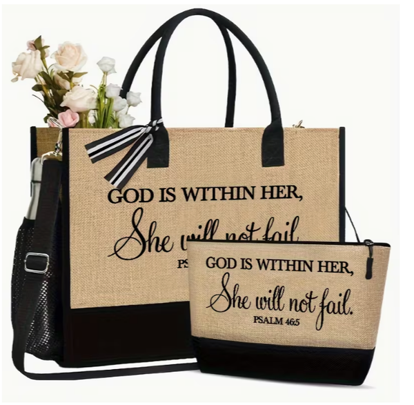 2 piece set: Khaki Nylon Beach Tote Bag ‘God is within her, she will not fail’