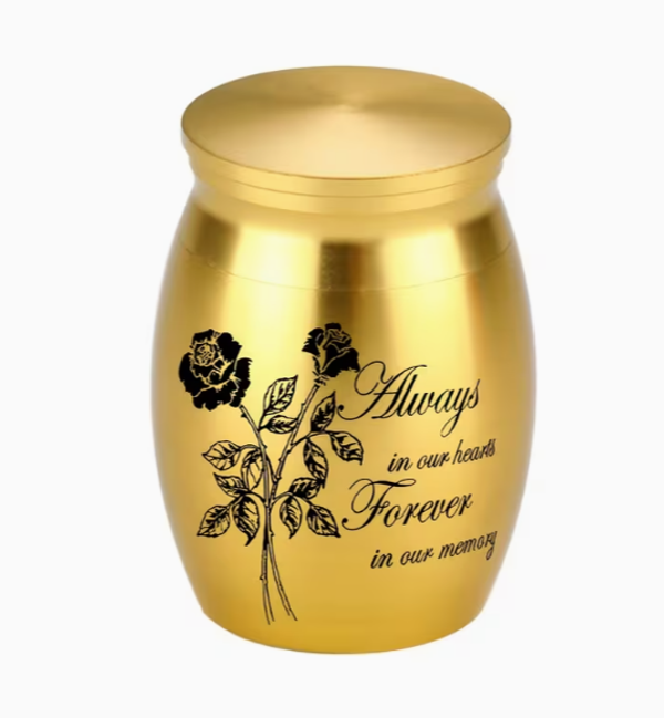 Golden color Small Urns with Rose Flower-Always In Our Hearts, Forever In Our Memory