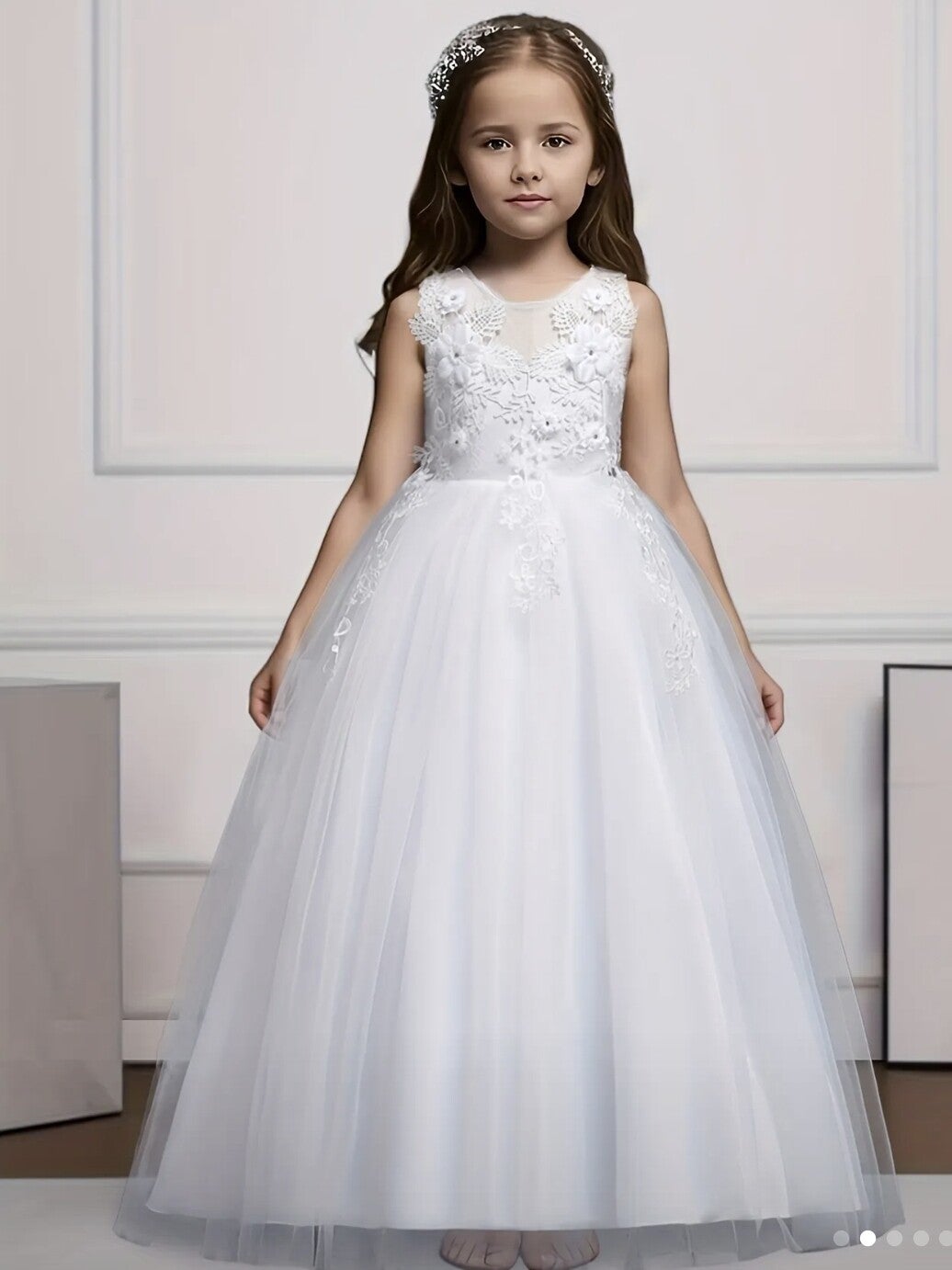 Elegant Girls' Sleeveless white dress with Floral Embroidery and Mesh Overlay -