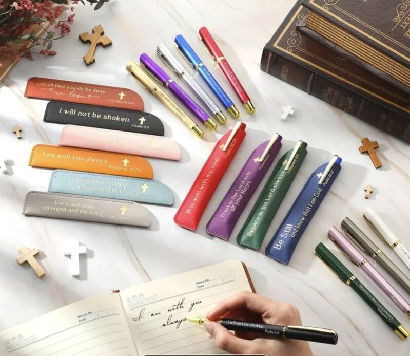 Bible Verse Pens with Faux Leather Pen Holder