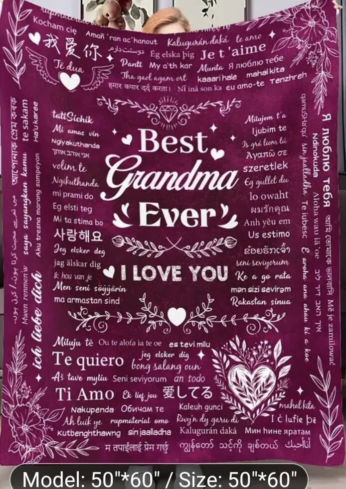 Multilingual Love Blanket - International Blessings for Grandma - 'Best Grandma Ever' (130x 150cm)'